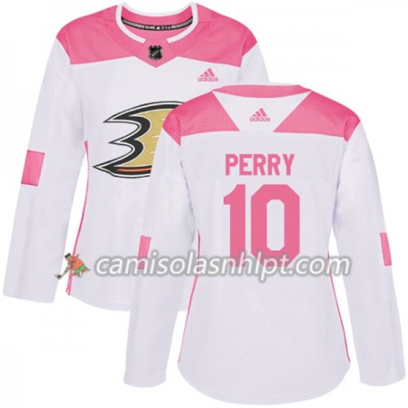 Camisola Anaheim Ducks Corey Perry 10 Adidas 2017-2018 Branco Rosa Fashion Authentic - Mulher